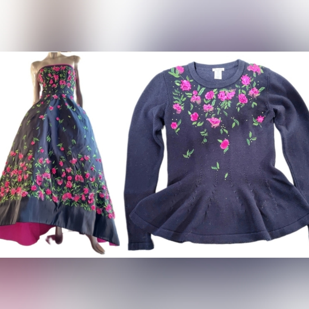 $2,000 NEW OSCAR DE LA RENTA BLUE PINK BEAD FLORAL EMBROID  RUNWAY SWEATER US L